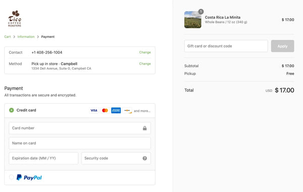 Tico Coffee Roasters Checkout Payment Page