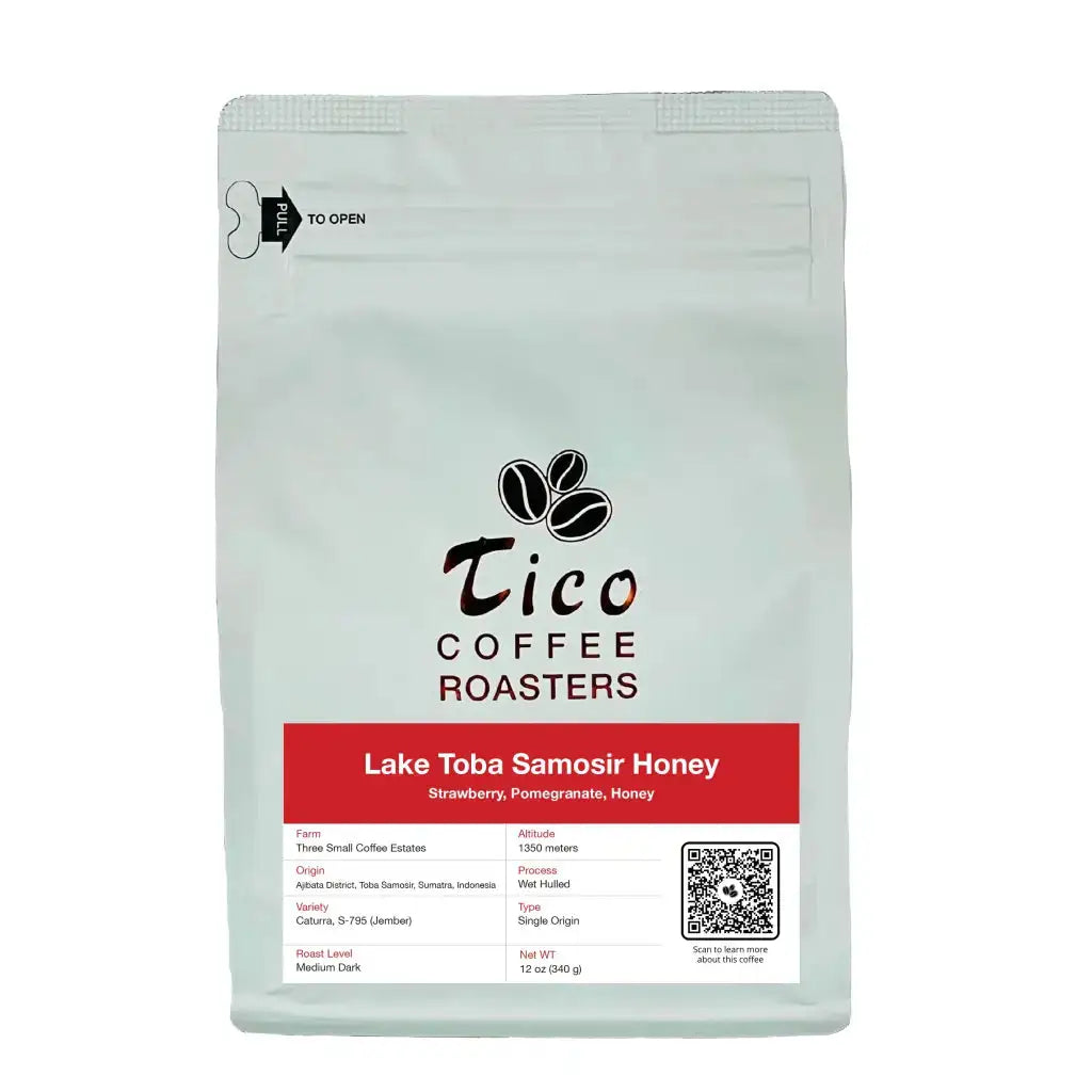 Tico Coffee Roasters Sumatra Lake Toba Samosir Honey coffee bag with white packaging and red label details.